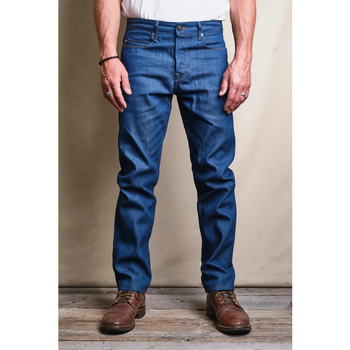 MILWORKS Portola Classic Taper jeans in vintage blue 12oz Japanese selvedge denim with button fly.