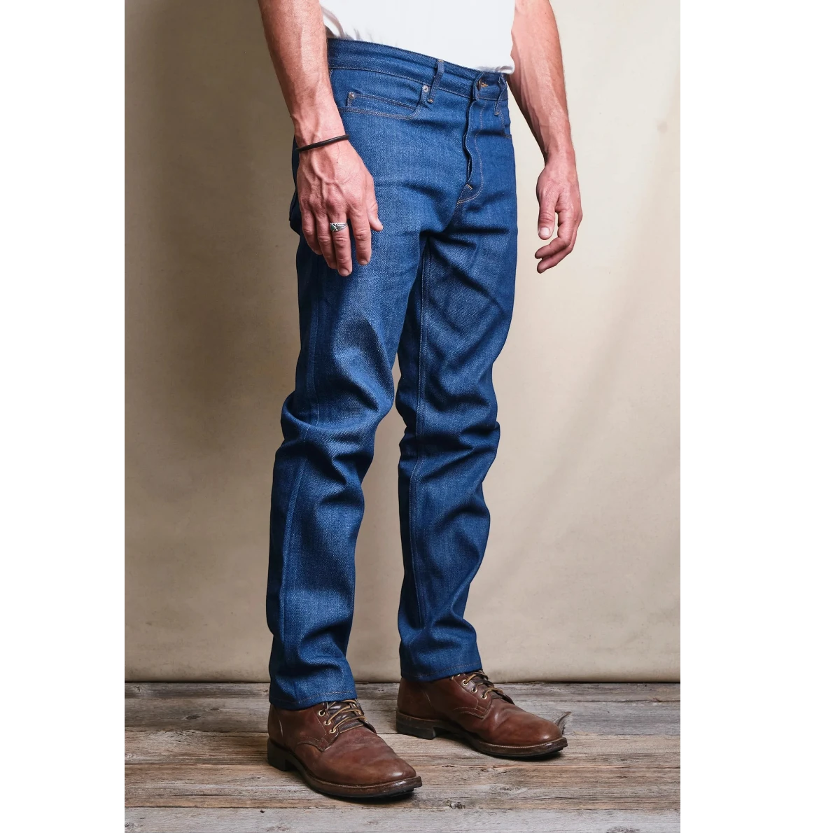 MILWORKS Portola Classic Taper jeans in vintage blue 12oz Japanese selvedge denim with button fly.