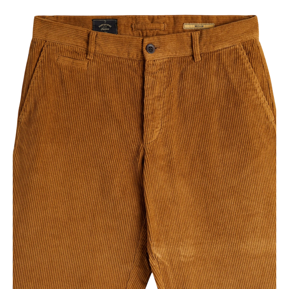 MILWORKS Portuguese Flannel corduroy trousers in a rich autumn brown featuring a single pleat and button closure.