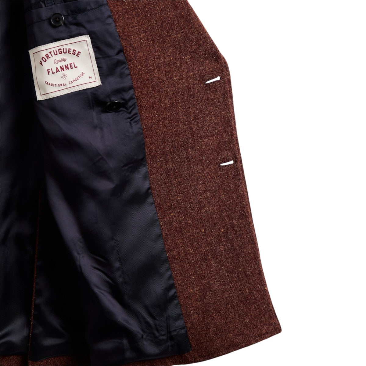 MILWORKS Portuguese Flannel double breasted sport jacket in brown wool with black interior lining and brand label