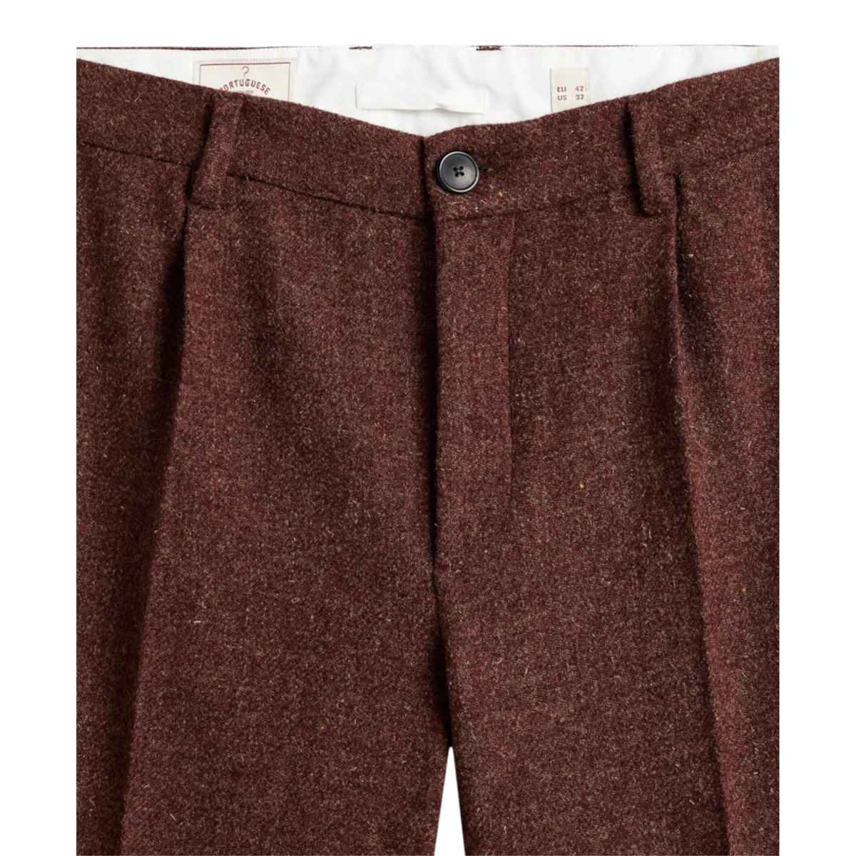 MILWORKS Portuguese Flannel single pleat trousers in brown virgin wool with recycled polyester button detail