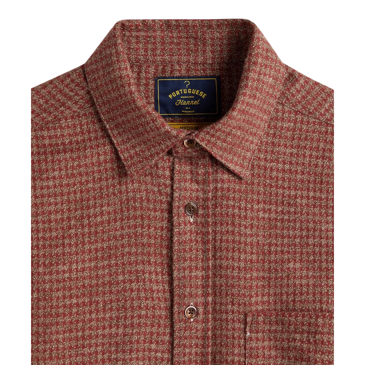 MILWORKS Portuguese Flannel shirt in clay red with an abstract houndstooth pattern and mother of pearl buttons