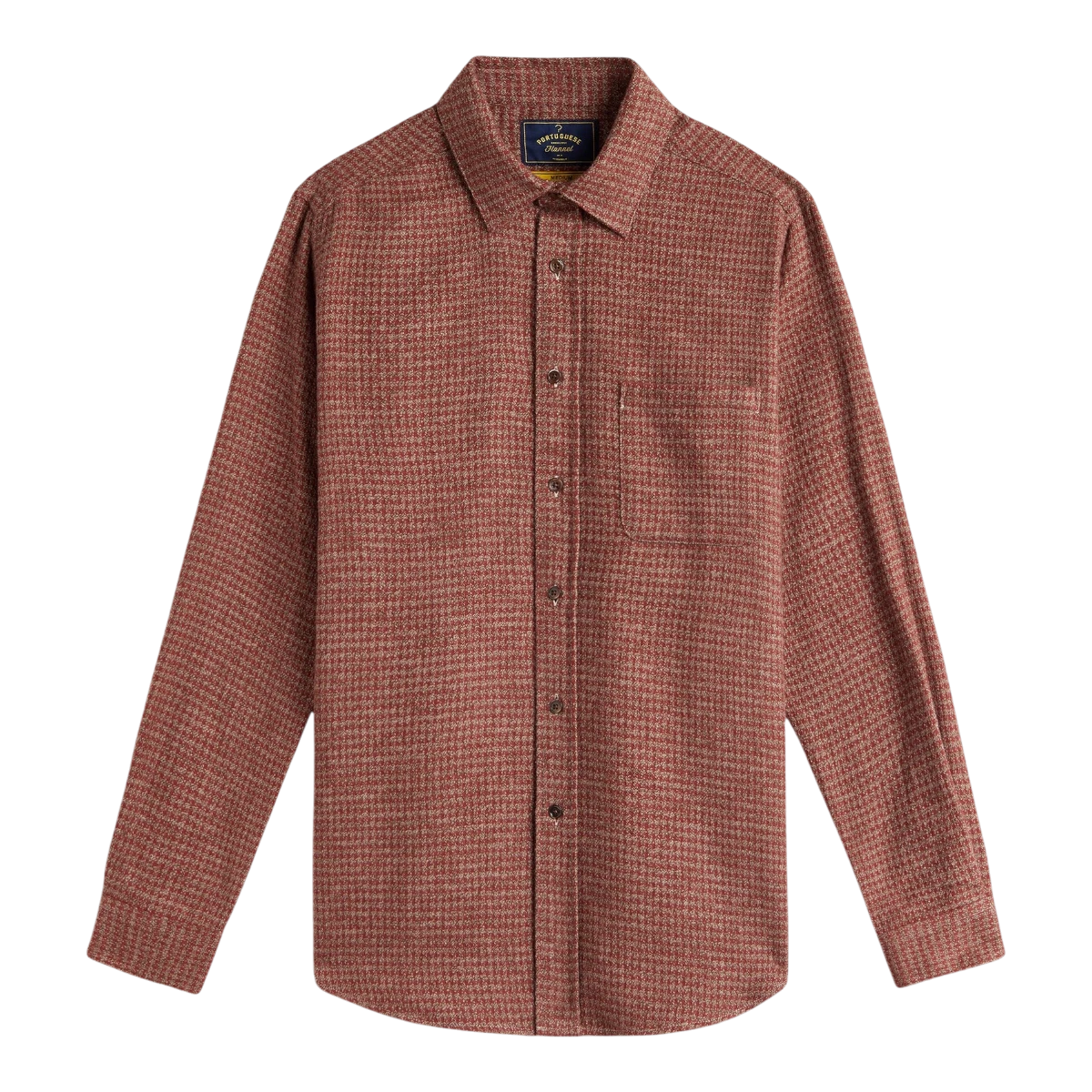 MILWORKS Portuguese Flannel shirt in clay red with an abstract pied poule pattern, 100% cotton and mother pearl buttons