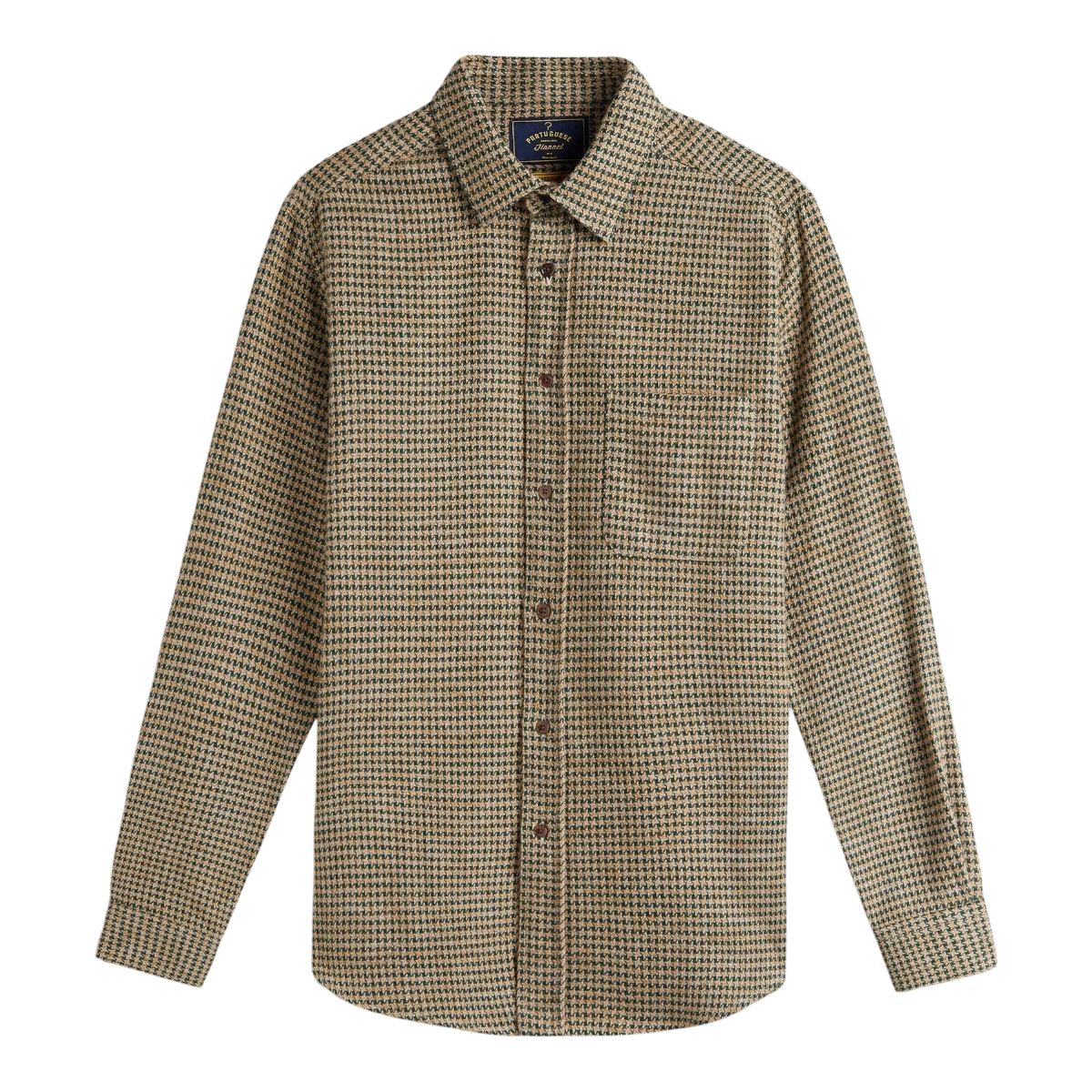MILWORKS Portuguese Flannel shirt in green abstract pied poule pattern with mother of pearl buttons