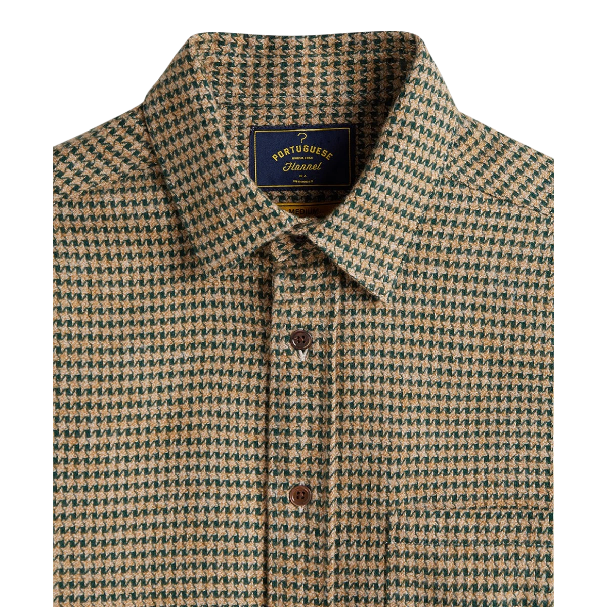 MILWORKS Portuguese Flannel shirt in green and tan abstract houndstooth pattern with mother of pearl buttons