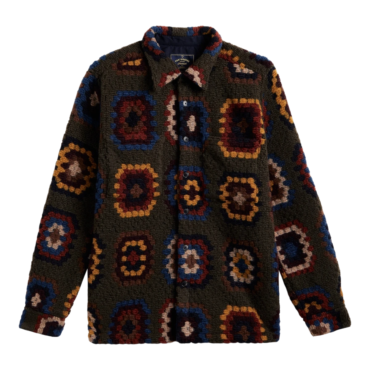 MILWORKS Portuguese Flannel Grandmas Quilt knit shirt featuring a multi-colored geometric pattern and button front.