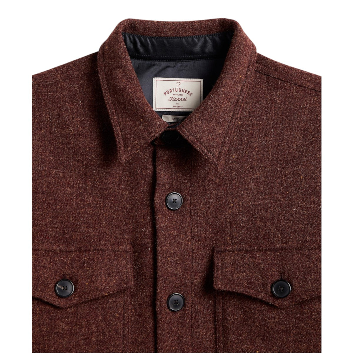 MILWORKS Portuguese Flannel wool field overshirt in dark brown with resin buttons and viscose lining