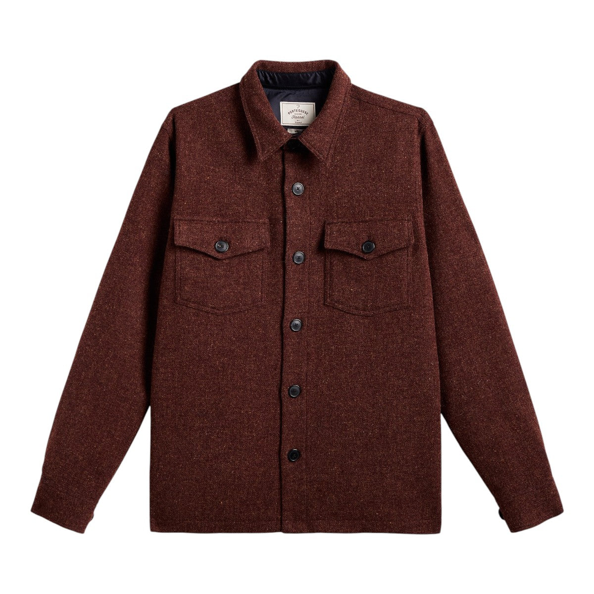 MILWORKS Portuguese Flannel wool field overshirt in terroir brown with resin buttons and two chest pockets