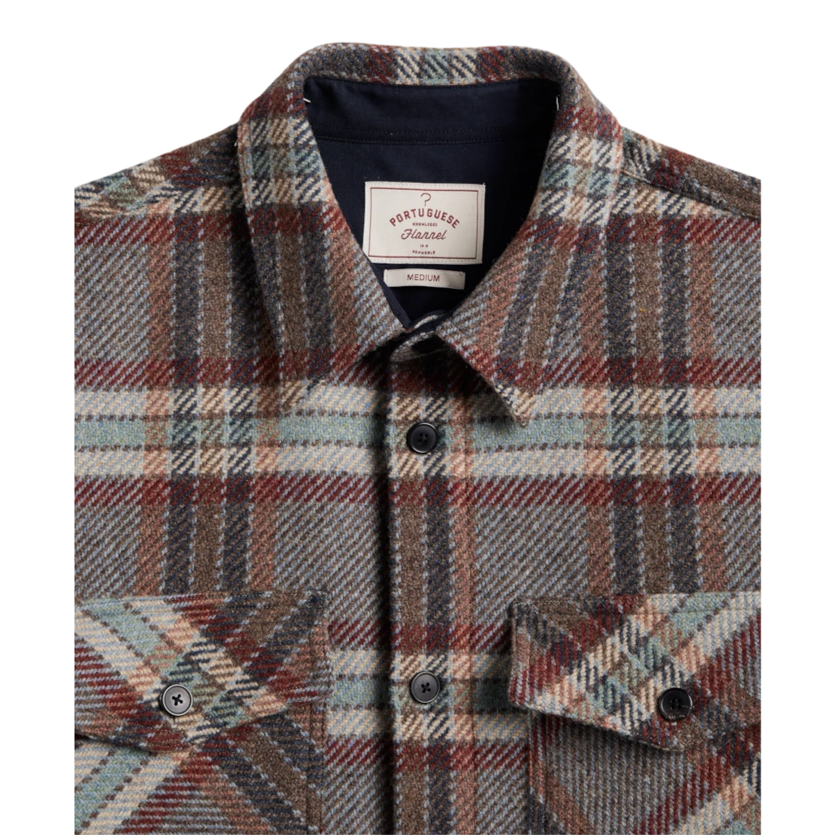 MILWORKS Portuguese Flannel wool field overshirt in a multi-colour plaid pattern with resin buttons and chest pockets