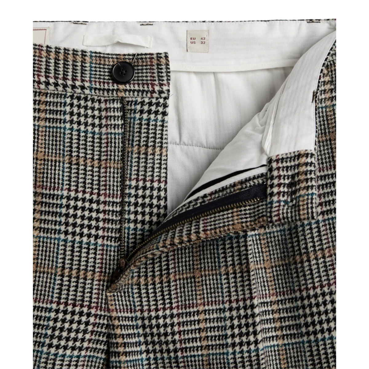 MILWORKS Prince of Wales check single pleat trousers in virgin wool with a zip fly and recycled polyester button