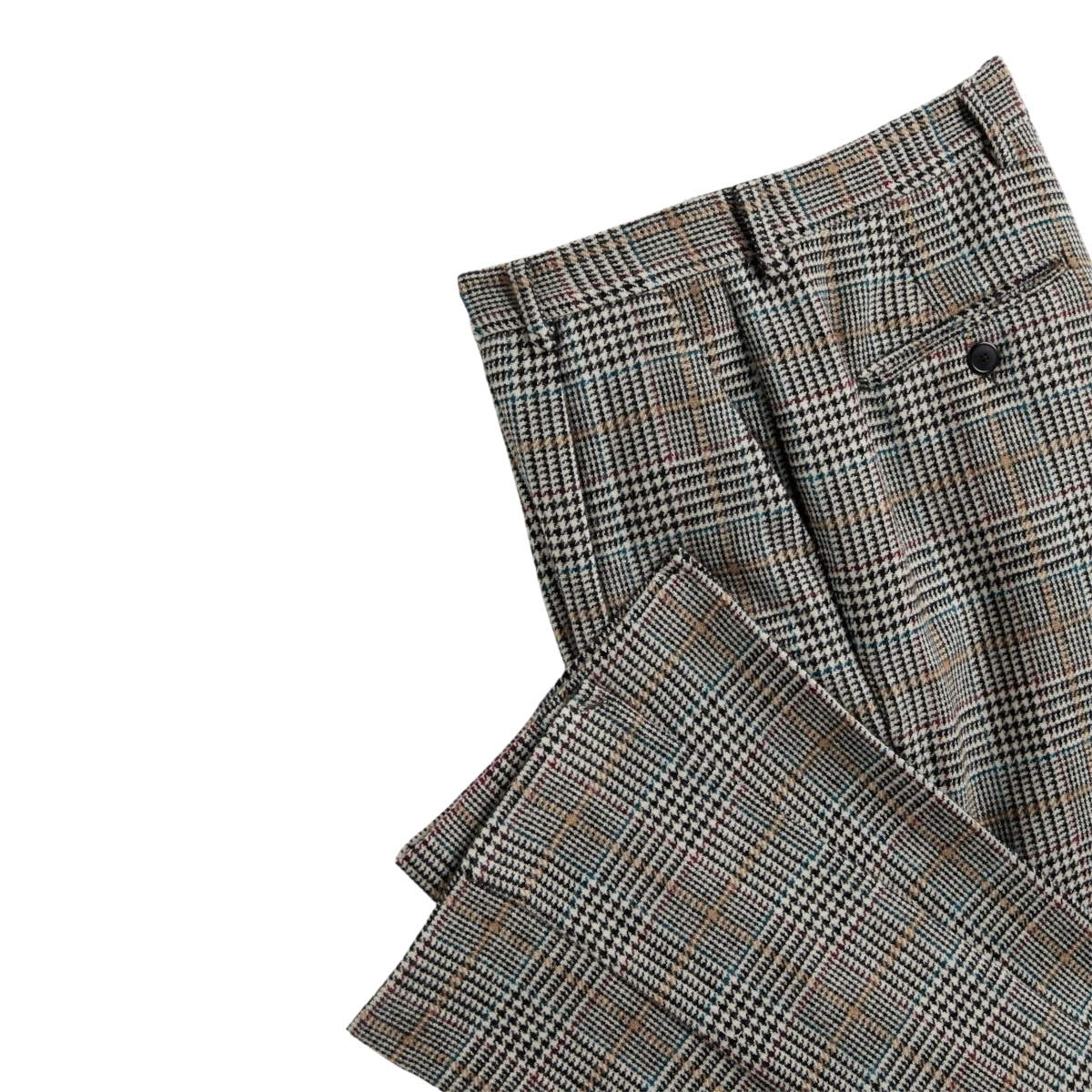 MILWORKS Prince of Wales check single pleat trousers in virgin wool with a tailored fit and buttoned back pocket