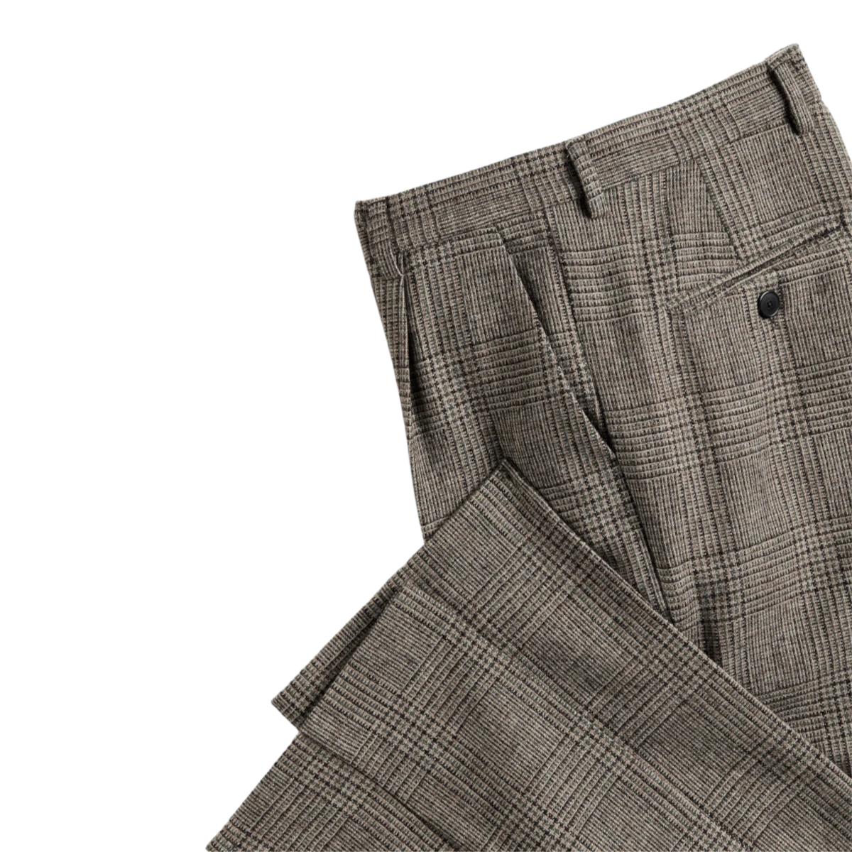 MILWORKS Prince of Wales single pleat trousers in grey virgin wool with a classic check pattern