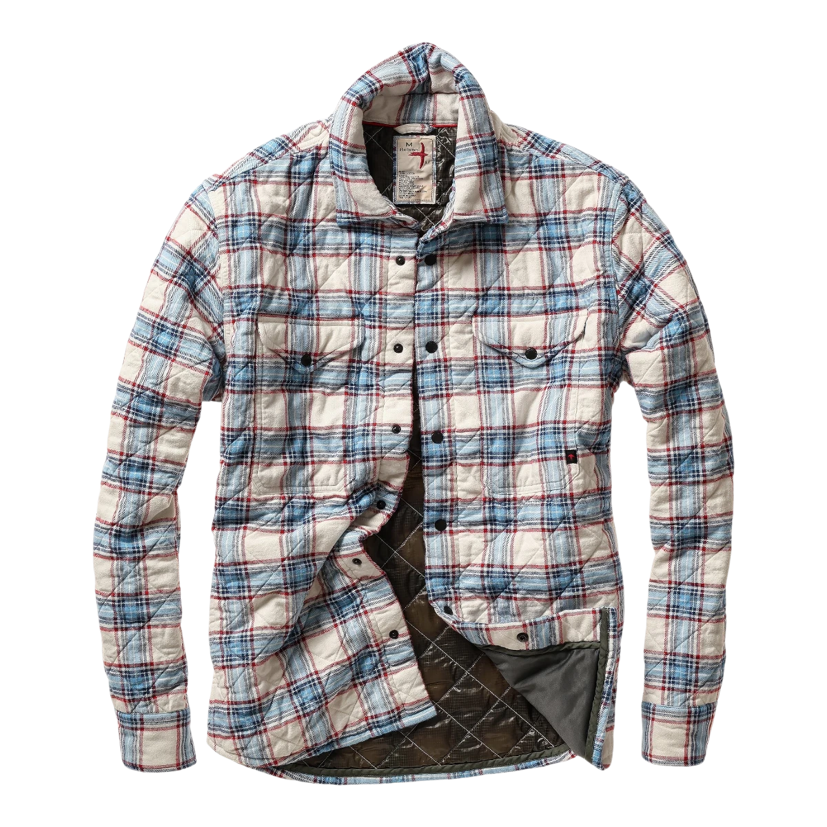 MILWORKS Relwen quilted flannel shirt jacket in white, blue, and red plaid with a dark brown interior lining.