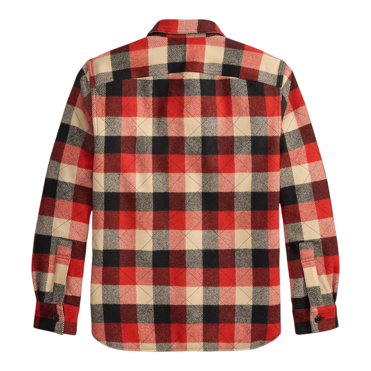 Back view of MILWORKS quilted plaid wool overshirt in red, black, and beige with buttoned cuffs.