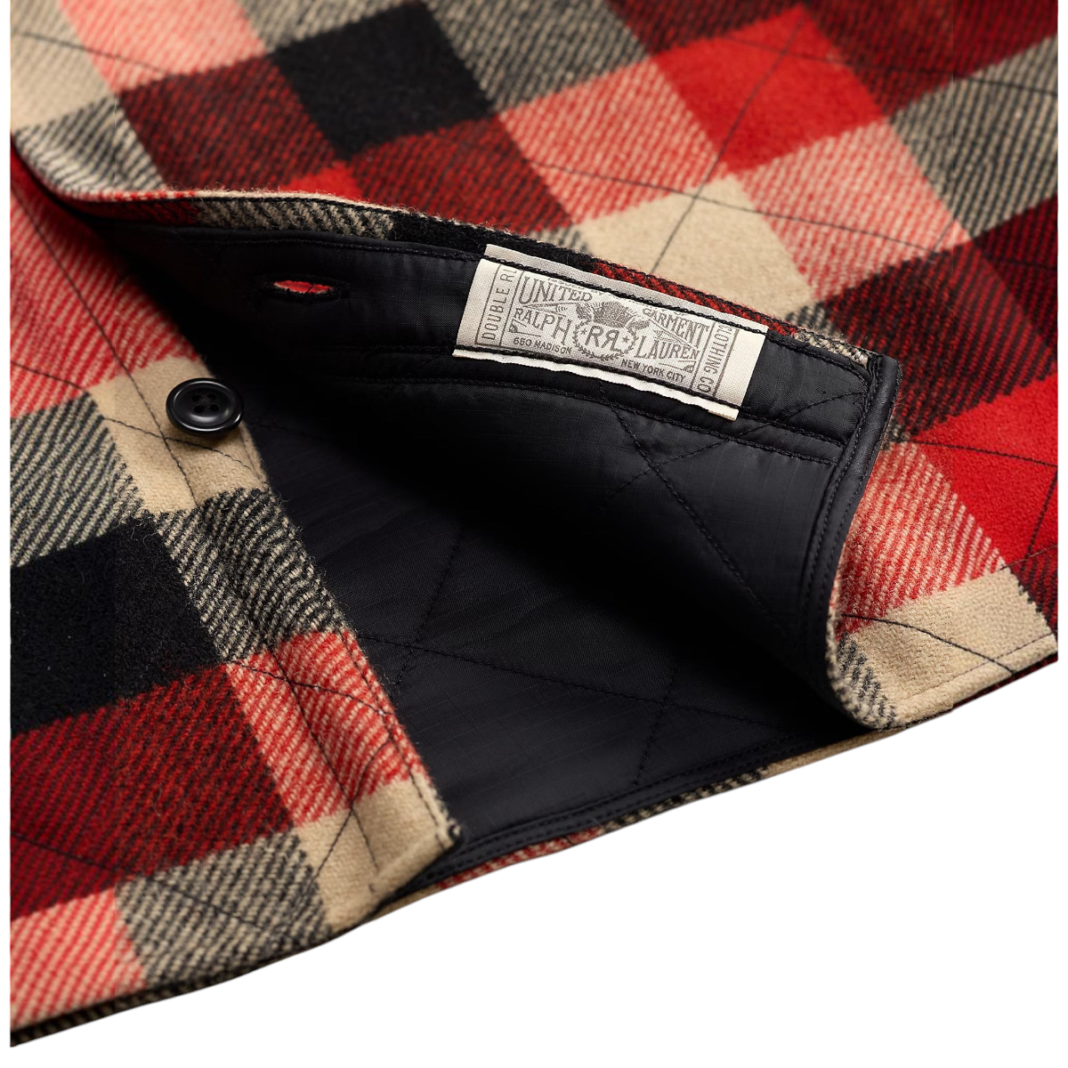 MILWORKS quilted plaid wool overshirt in red and black with black ripstop lining and branded interior label