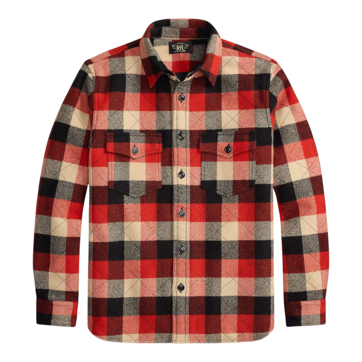 MILWORKS quilted plaid wool overshirt in red and black with buttoned chest pockets and a straight collar.