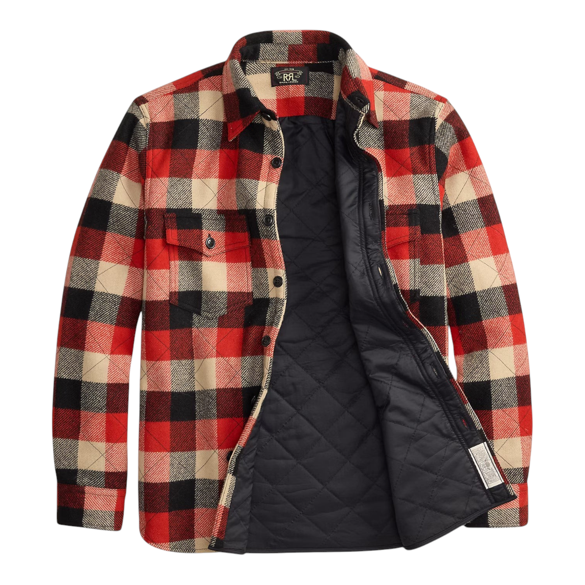 MILWORKS quilted plaid wool overshirt in red and black with a black ripstop lining and buttoned chest pockets.