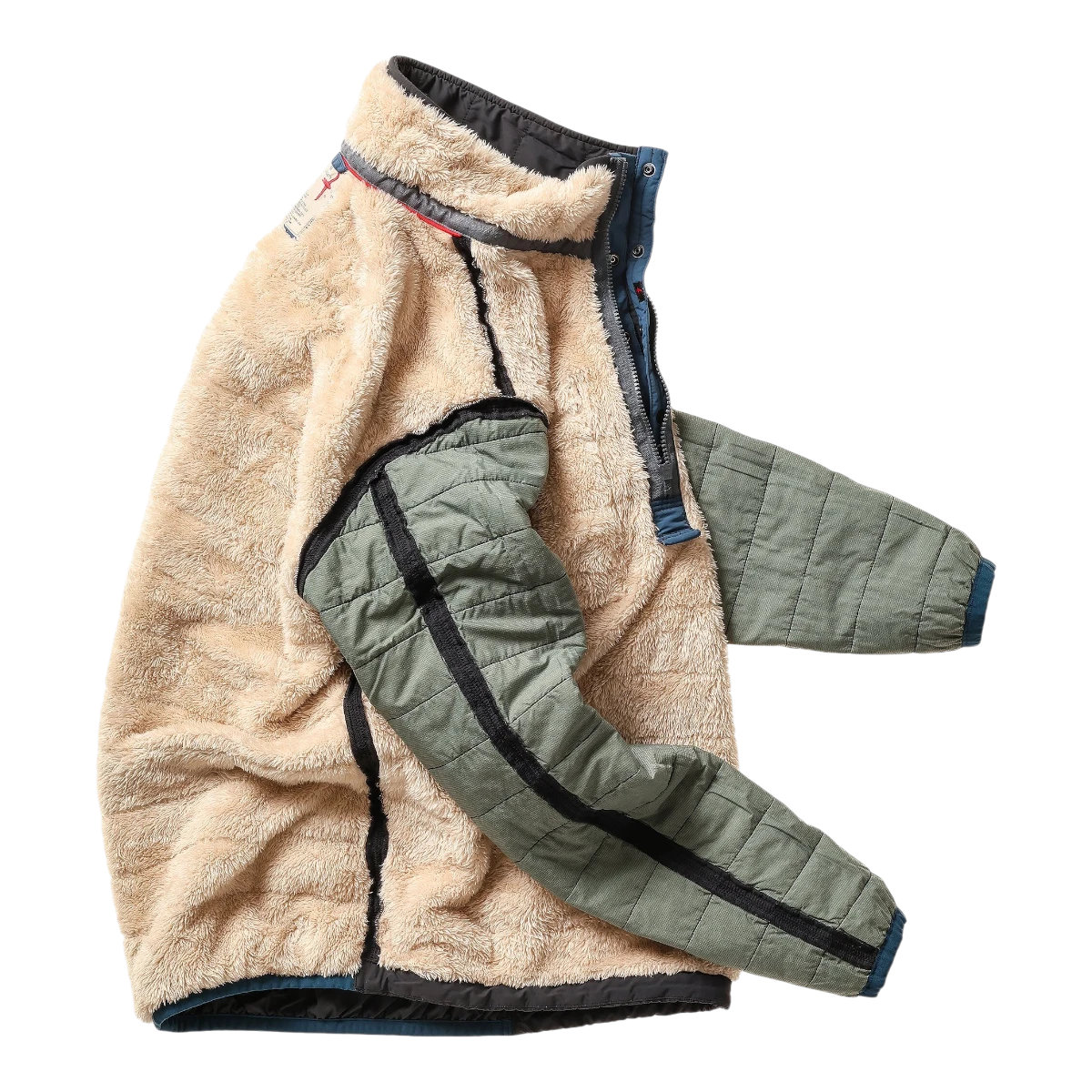 MILWORKS Quilted Superfleece Popover in beige and olive green with a quarter-zip collar and textured fleece finish.