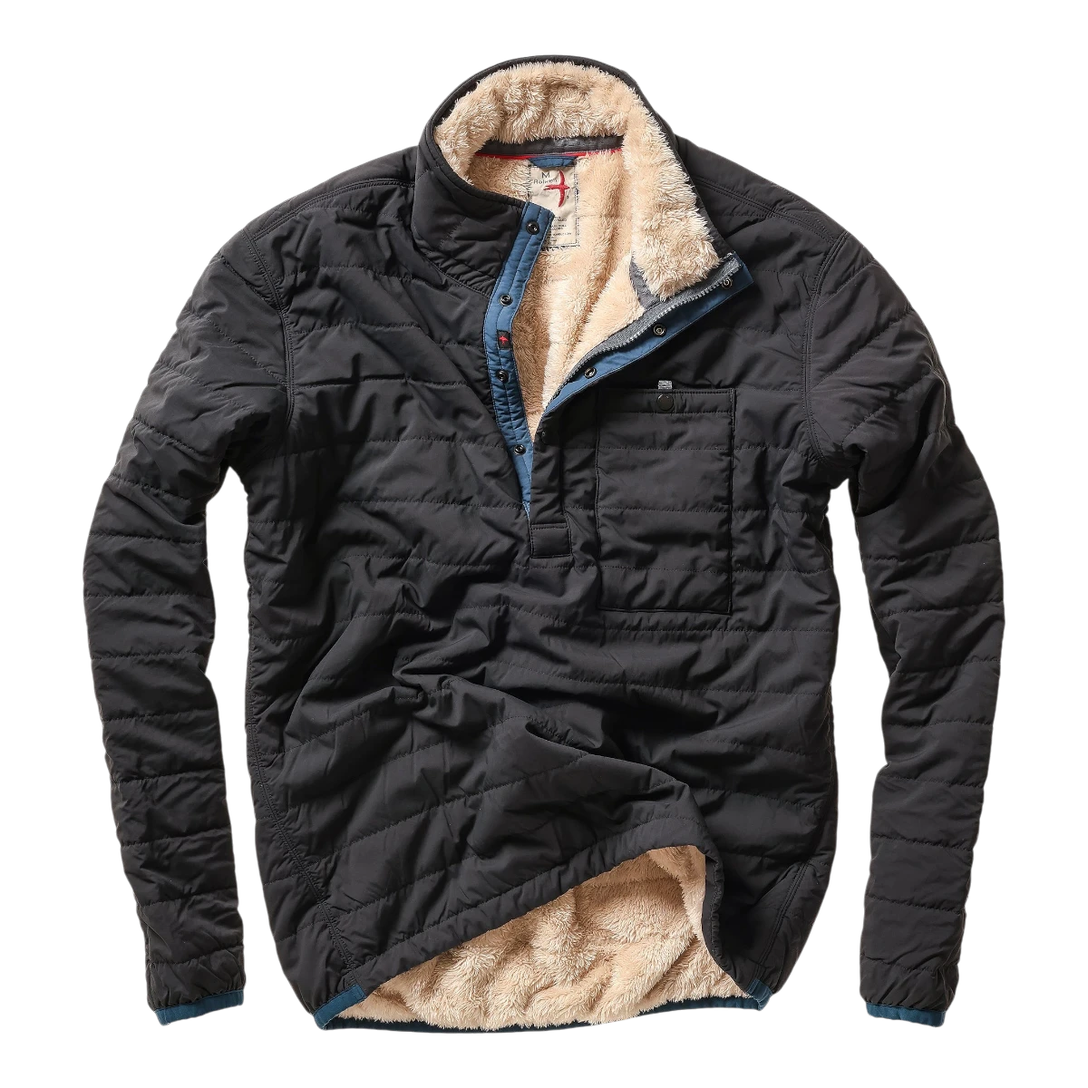 MILWORKS Quilted Superfleece Popover in black fade with a plush beige fleece lining and snap button placket.