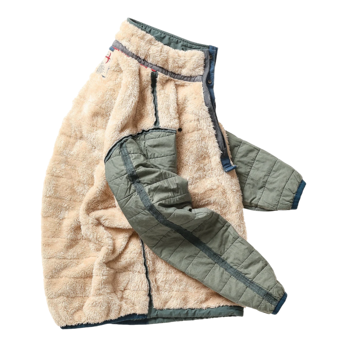 MILWORKS quilted superfleece popover in spruce green with a plush beige fleece lining and quarter-zip closure.