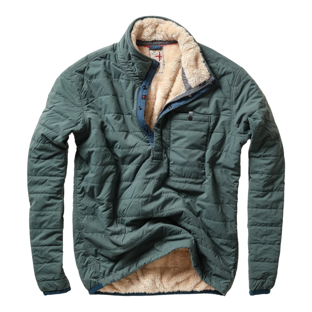 MILWORKS Quilted Superfleece Popover in spruce green with a soft beige fleece lining and snap button placket.