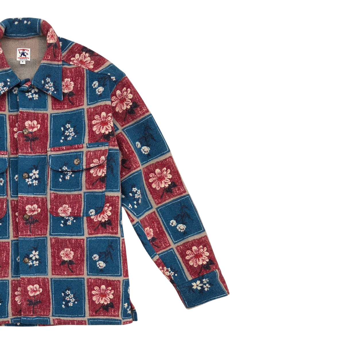MILWORKS Randy Garments heavy melton wool overshirt featuring a blue and red block print floral pattern