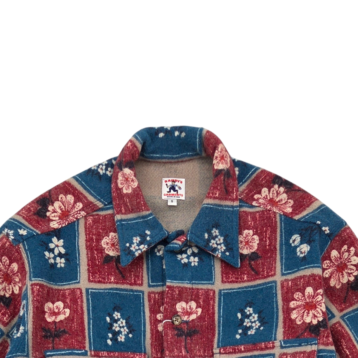 MILWORKS Randy Garments heavy melton wool overshirt featuring a blue and red floral block print pattern