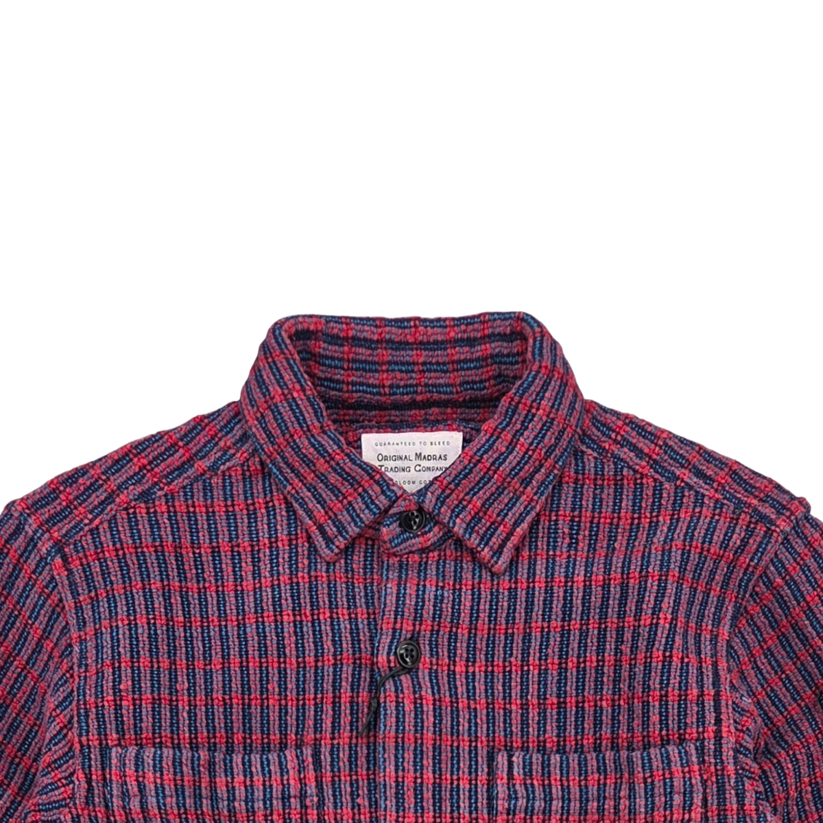 MILWORKS No111 overshirt in red and blue handwoven cotton check fabric with a classic collar and button-down front.