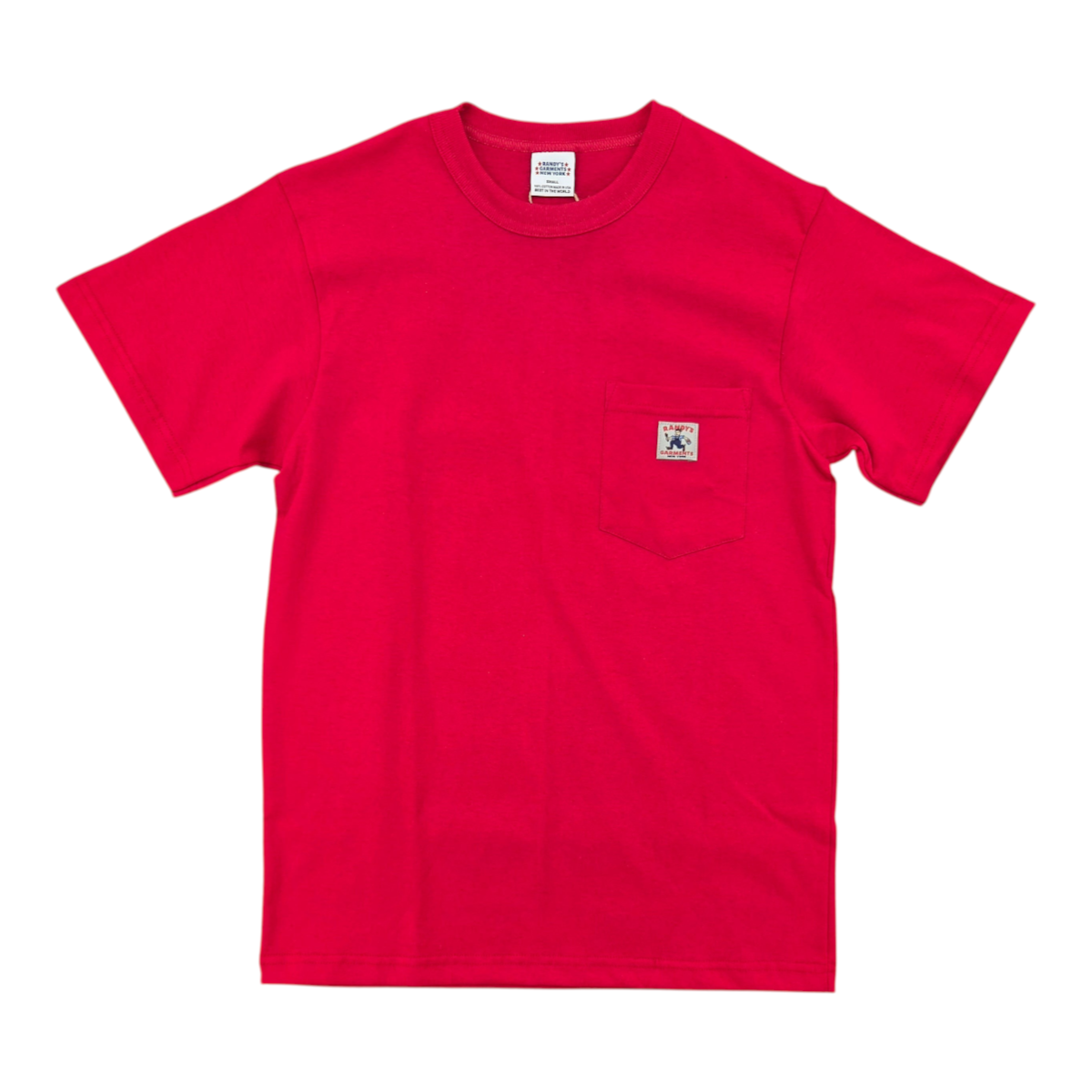 MILWORKS red 100% cotton pocket t-shirt with a bound neck and durable open-end yarn construction, made in the USA.