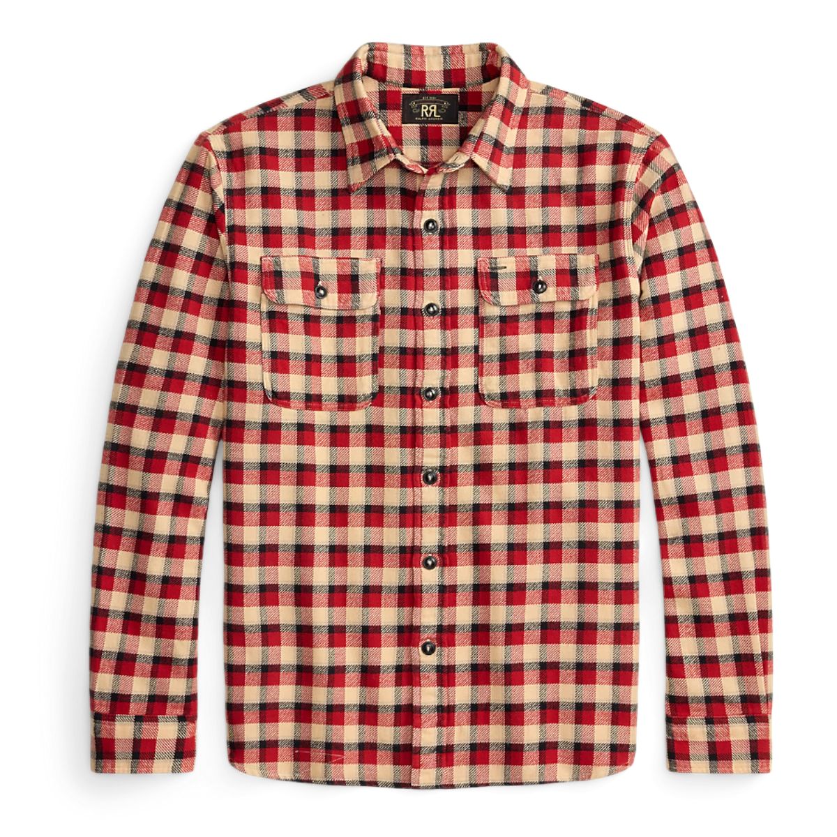 MILWORKS red and cream plaid cotton twill workshirt with two chest pockets and a brushed finish