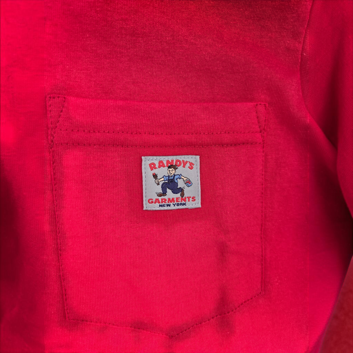 MILWORKS red Randy's Garments cotton pocket t-shirt with a small logo patch on the chest pocket