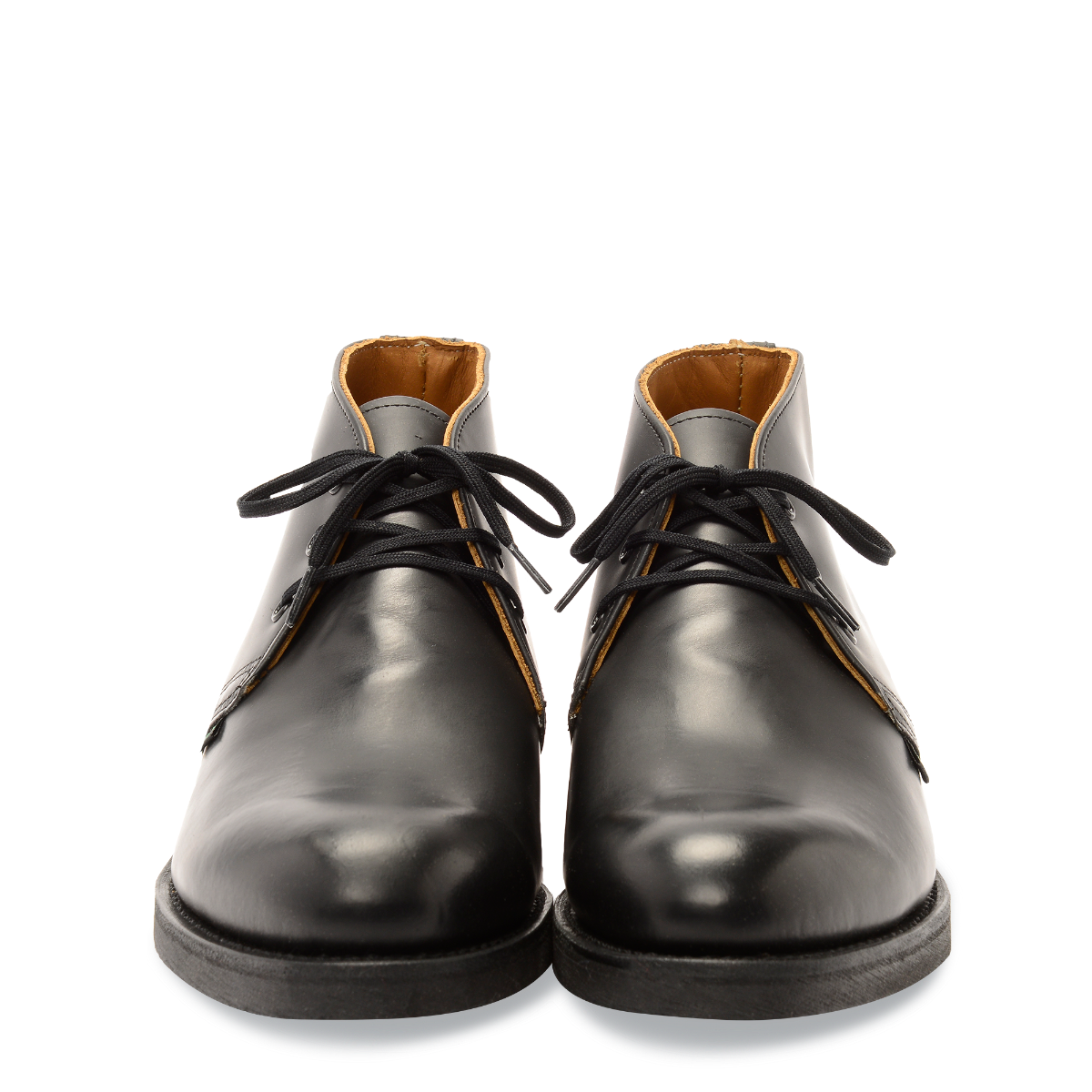 MILWORKS Red Wing Heritage Postman Chukka boots in black Chaparral leather with black laces and a front view.