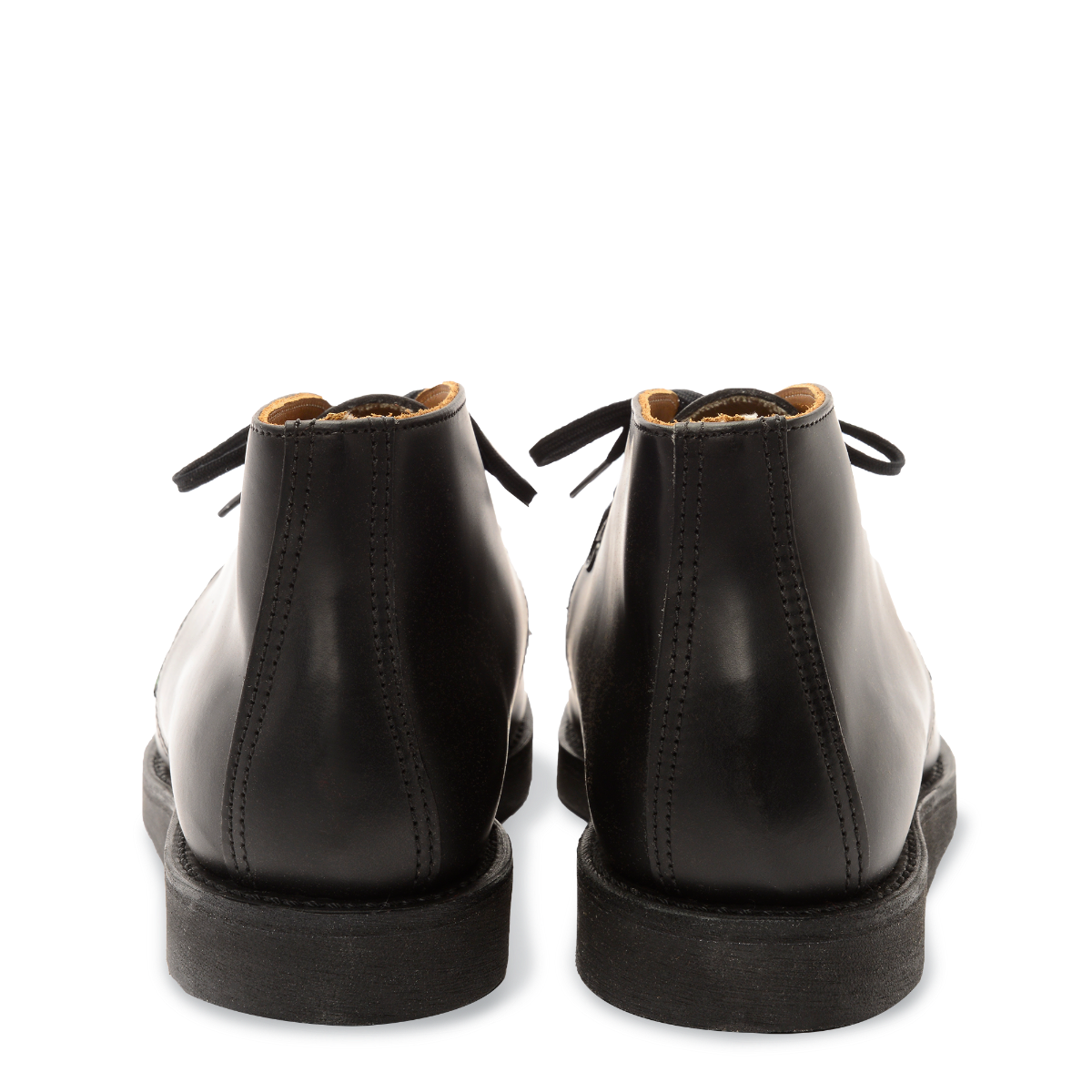 MILWORKS Red Wing Heritage Postman Chukka boots in black Chaparral leather, rear view showing durable rubber soles.