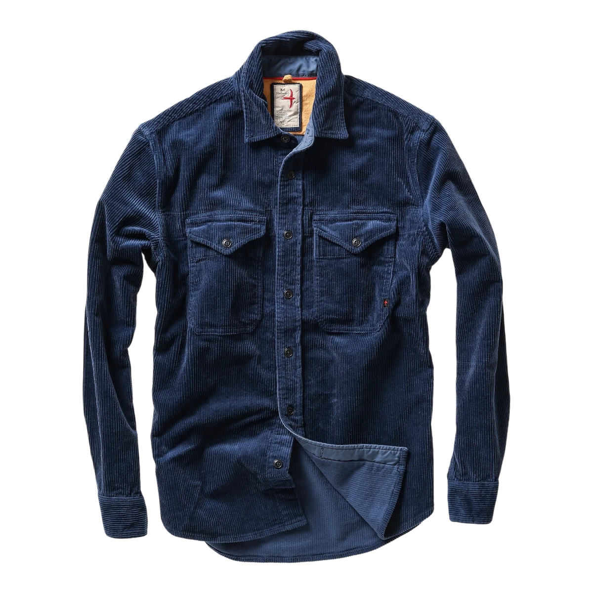 MILWORKS Relwen corduroy workshirt in admiral blue with dual chest pockets and button-down front