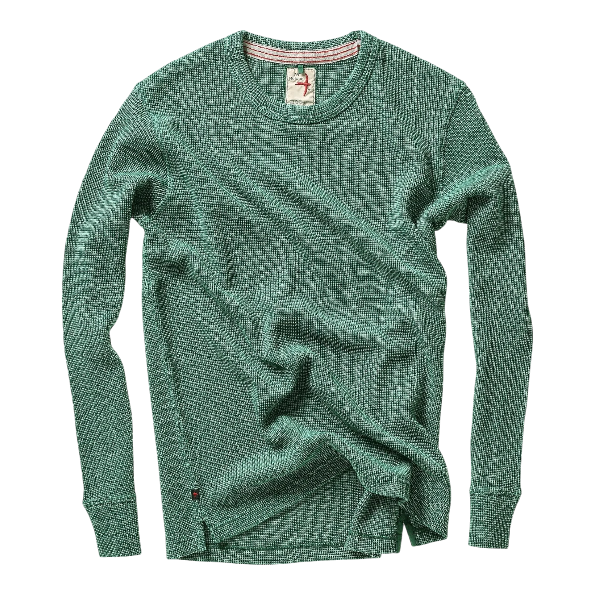 MILWORKS Relwen Bi Waffle Crew long sleeve shirt in bottle green with a textured waffle knit pattern