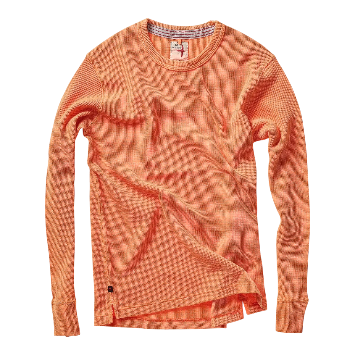 MILWORKS Relwen Bi Waffle Crew long sleeve shirt in citrus orange with a textured waffle knit pattern