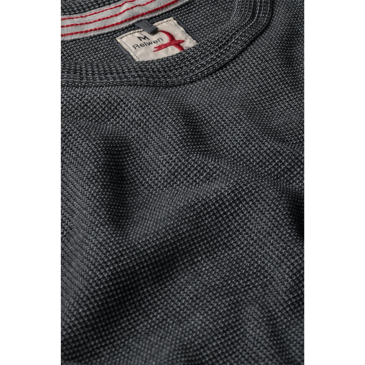 MILWORKS Relwen Bi Waffle Crew sweater in dark charcoal featuring a textured waffle knit fabric and interior label