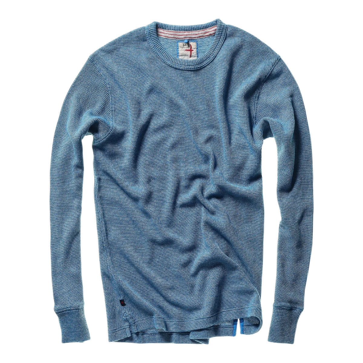 MILWORKS Relwen Bi Waffle crew neck sweater in French blue with textured waffle knit pattern and ribbed cuffs