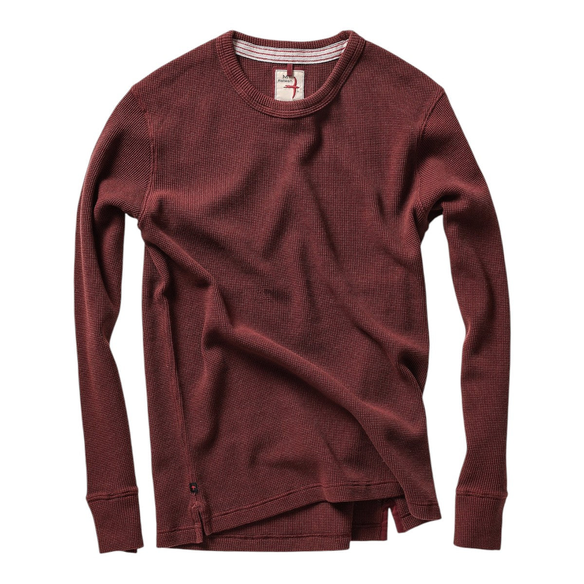 MILWORKS Relwen Bi Waffle Crew long-sleeve shirt in burgundy with a textured waffle-knit fabric and ribbed cuffs.