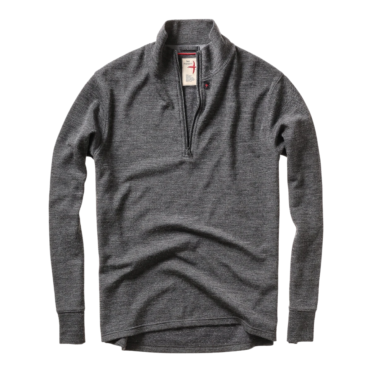 MILWORKS Relwen charcoal wool cotton quarter zip sweater with a stand collar and ribbed cuffs