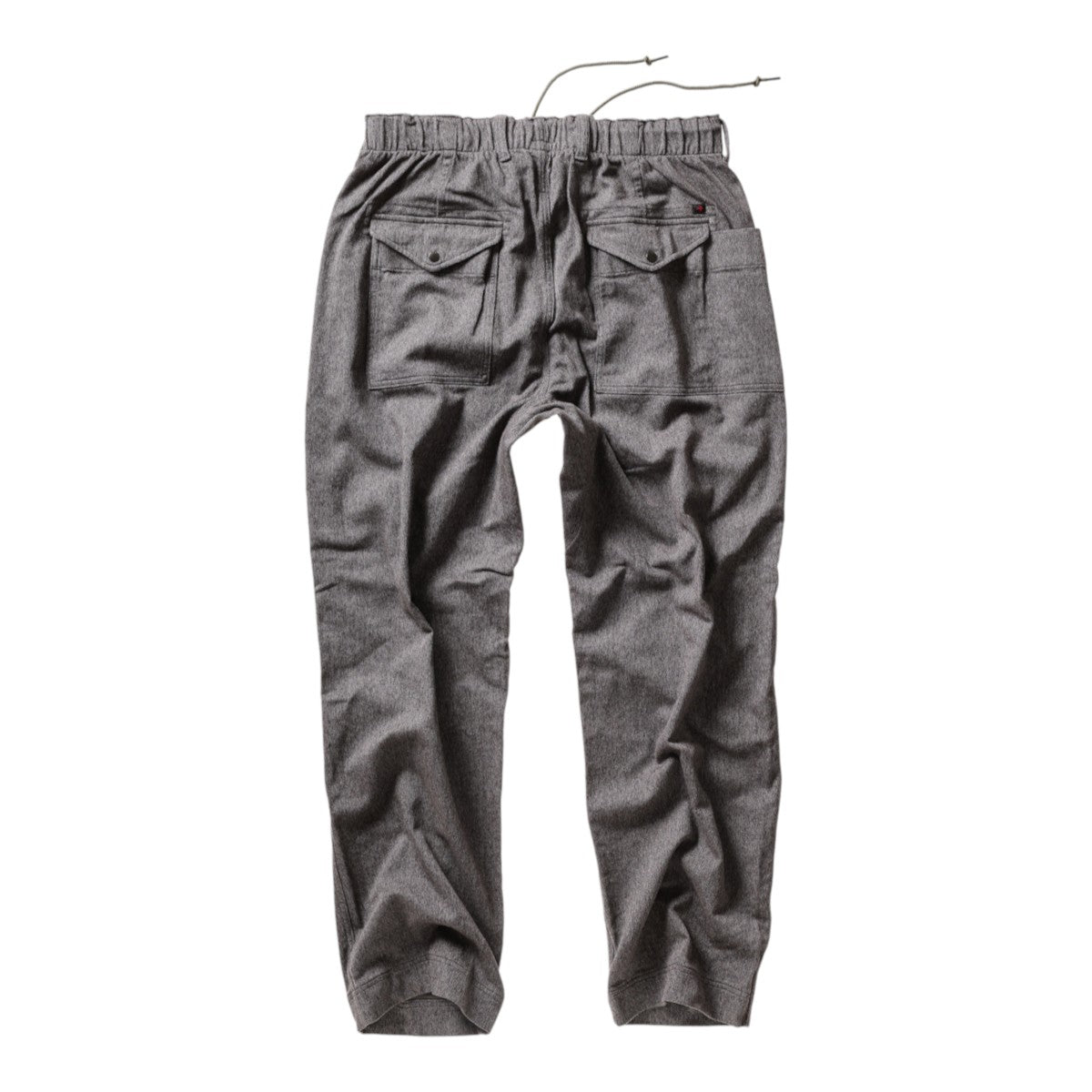 MILWORKS Relwen charcoal covert twill utility pants featuring a drawstring waist and rear flap pockets