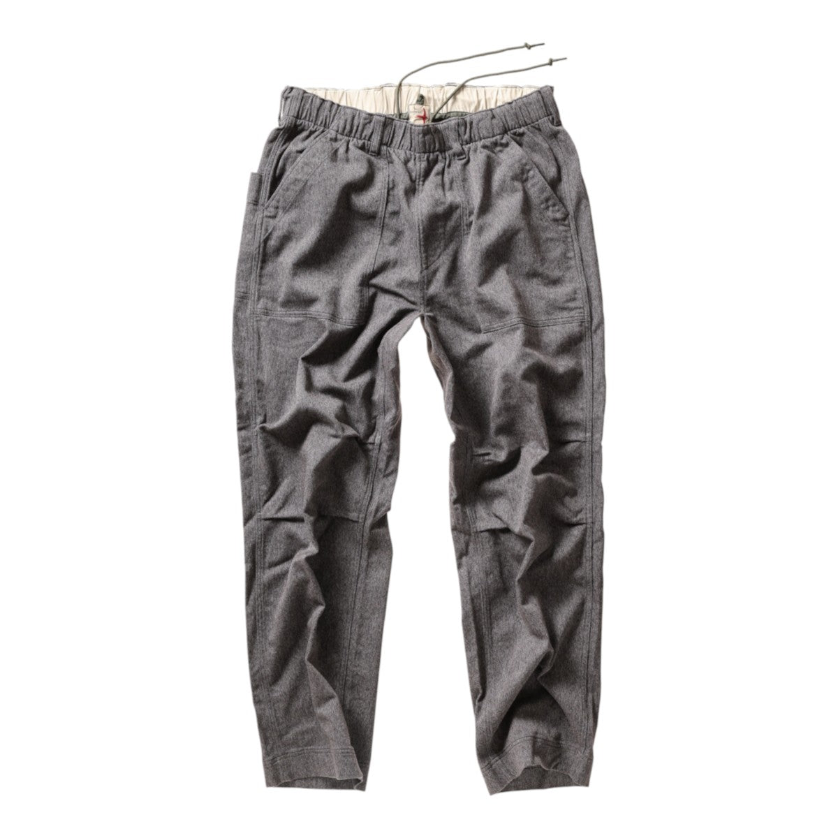 MILWORKS Relwen charcoal covert twill utility pants with an elastic drawstring waist and relaxed fit
