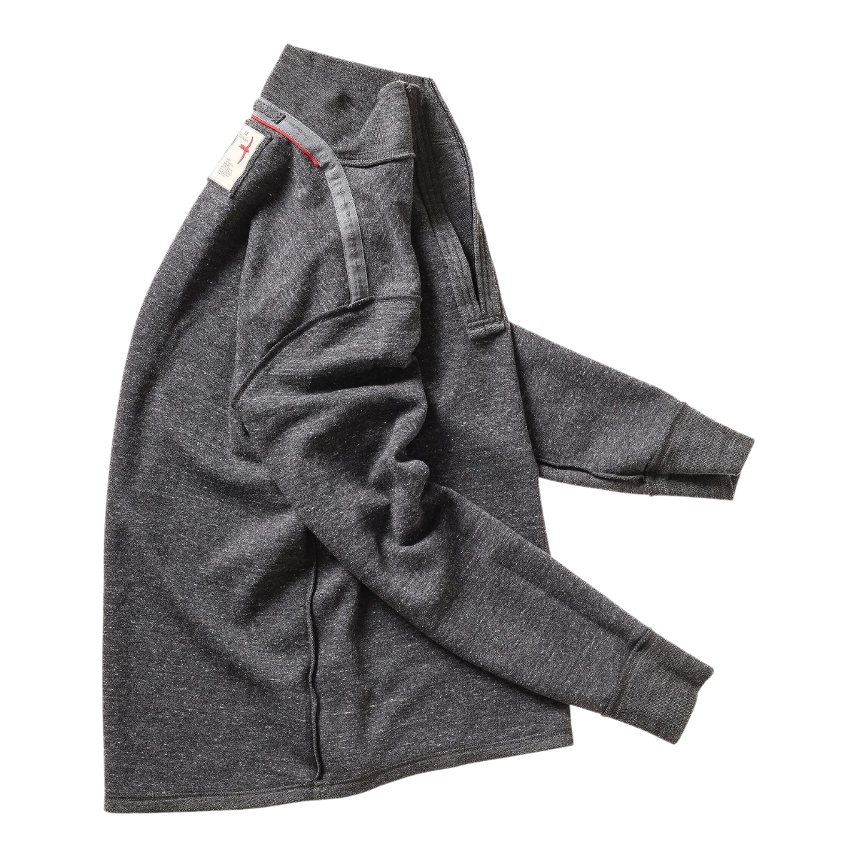MILWORKS Relwen charcoal wool cotton quarter zip sweater with ribbed cuffs and contrast interior neck detailing