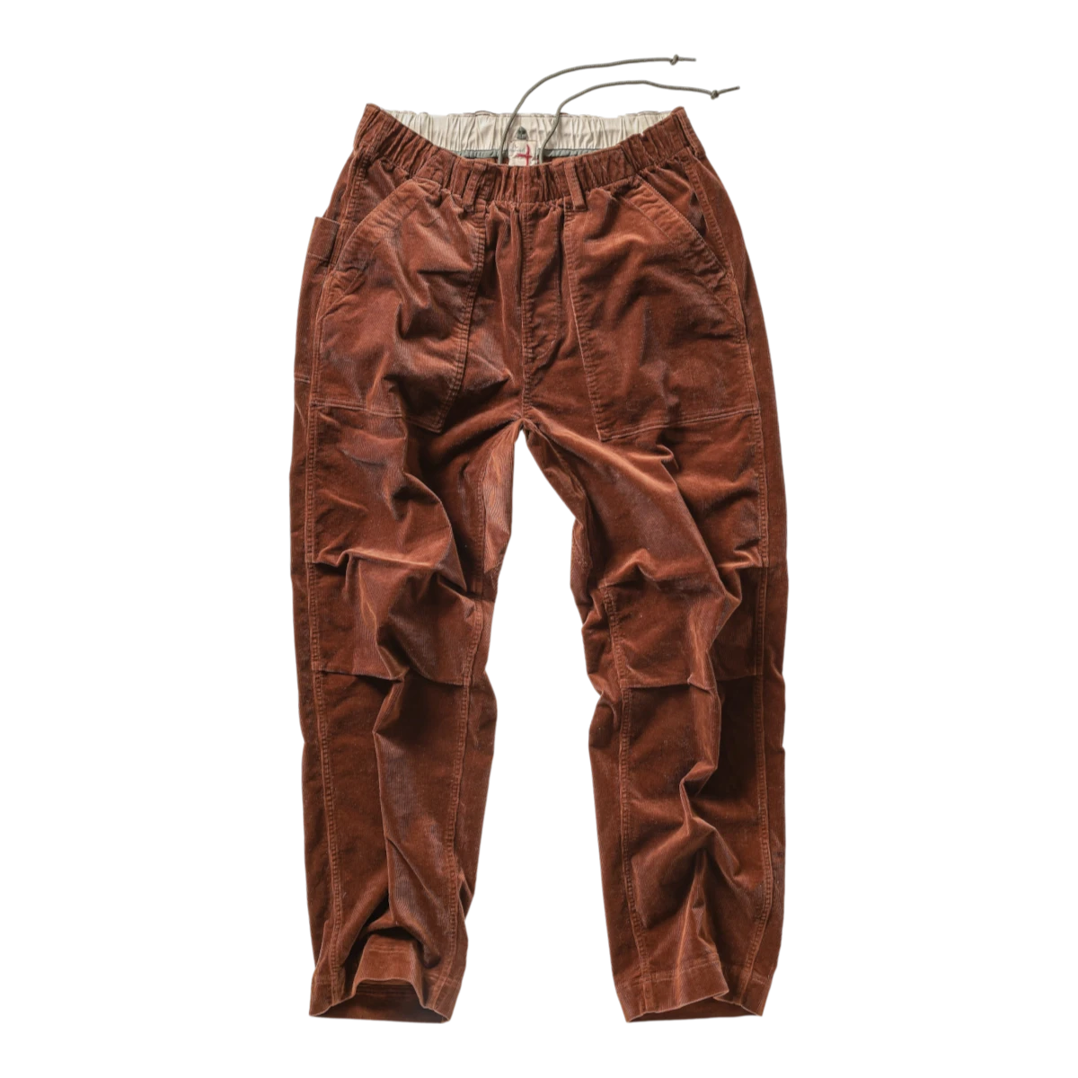 MILWORKS Relwen chestnut brown corduroy utility pants with an elastic drawstring waist and relaxed fit.