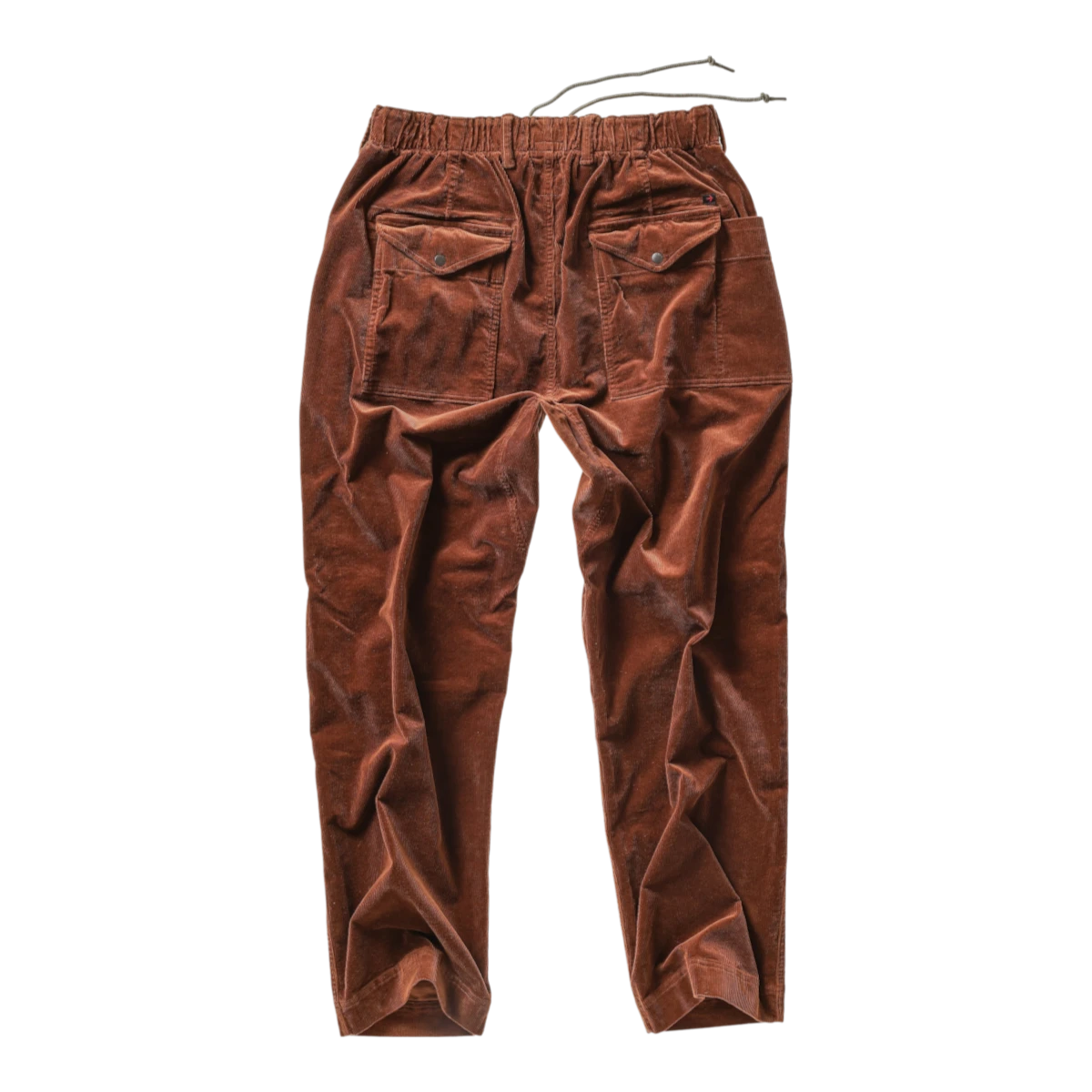 MILWORKS Relwen chestnut brown corduroy utility pants with a drawstring waist and rear flap pockets