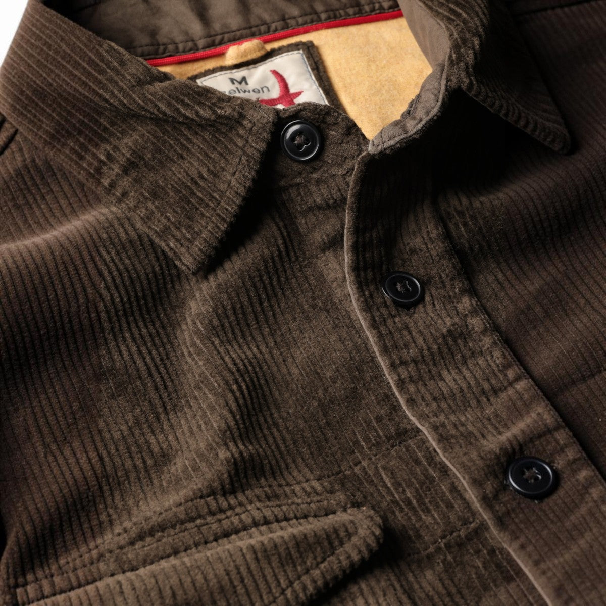 MILWORKS Relwen corduroy workshirt in coffee brown with button-down collar and soft yellow interior lining
