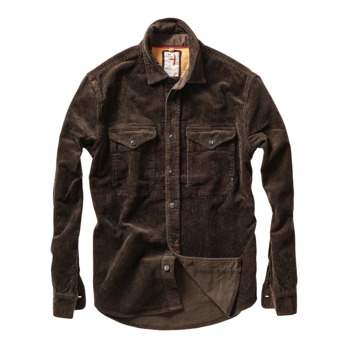 MILWORKS Relwen corduroy workshirt in coffee brown with dual chest pockets and button-down front closure