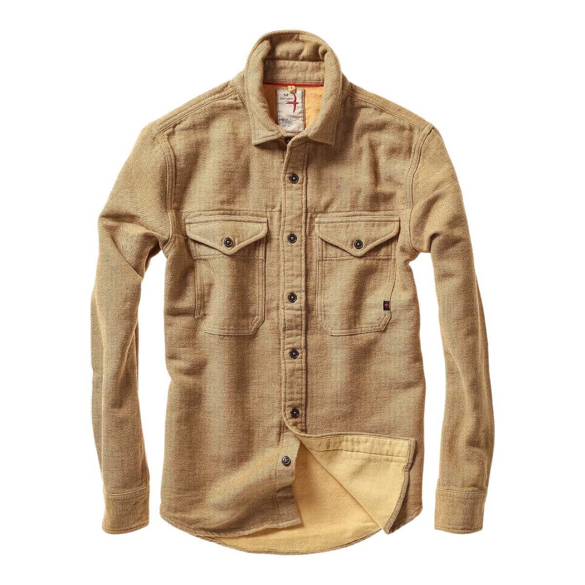MILWORKS Relwen utility workshirt in cornmeal herringbone fabric with dual chest pockets and button-down front