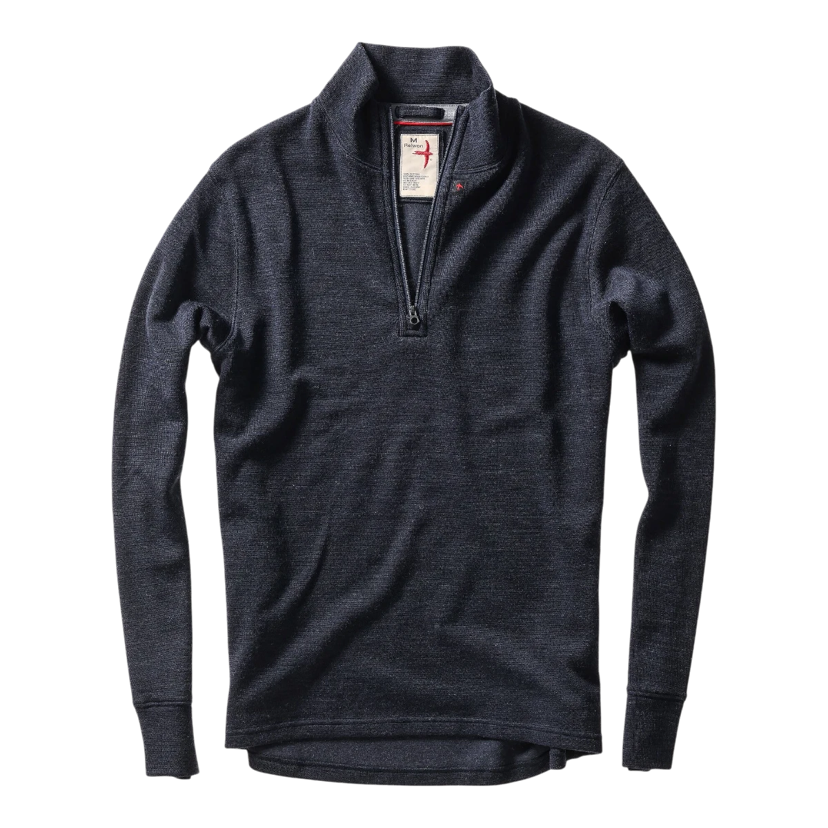 MILWORKS Relwen dark navy quarter zip sweater made from a wool cotton blend with a ribbed collar and cuffs
