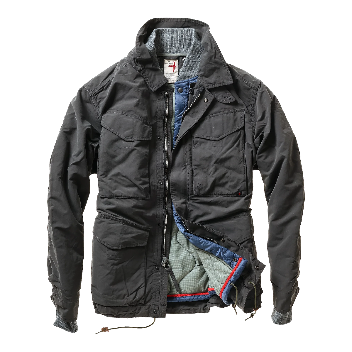 Milworks Relwen Defender 2-in-1 charcoal jacket with nylon shell, quilted liner, and multiple cargo pockets.